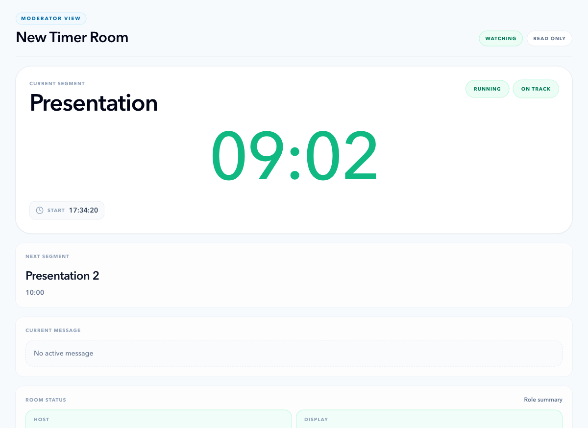 PresentationTimer Moderator View on a desktop screen showing Presentation running, nine minutes remaining, the next Presentation 2 segment, no active message, and room status