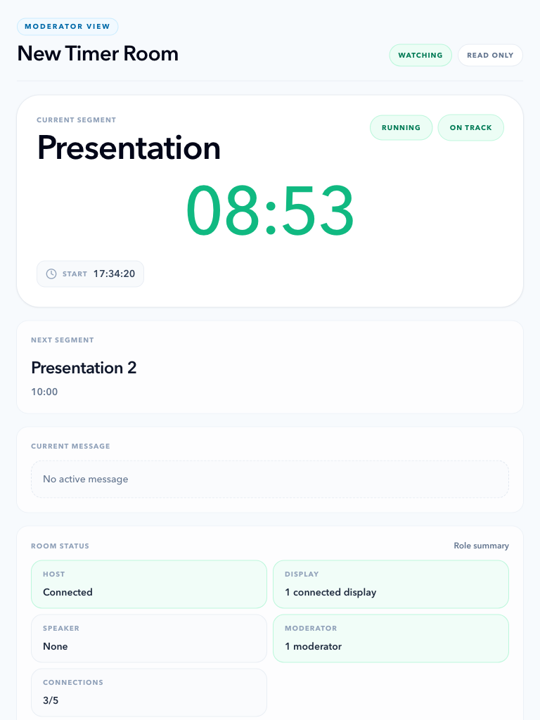 PresentationTimer Moderator View on a tablet showing Host connected, one connected Display, one Moderator, three of five connections in use, and a running Presentation timer