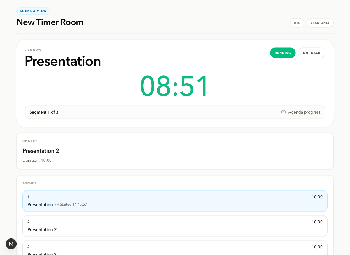 PresentationTimer Agenda View showing a live Presentation segment, the next Presentation 2 handoff, and a three-item agenda with current and upcoming states