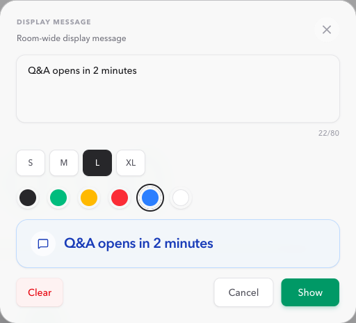 PresentationTimer Host display message drawer with Q and A opens in 2 minutes text, large size, blue color, and a live preview