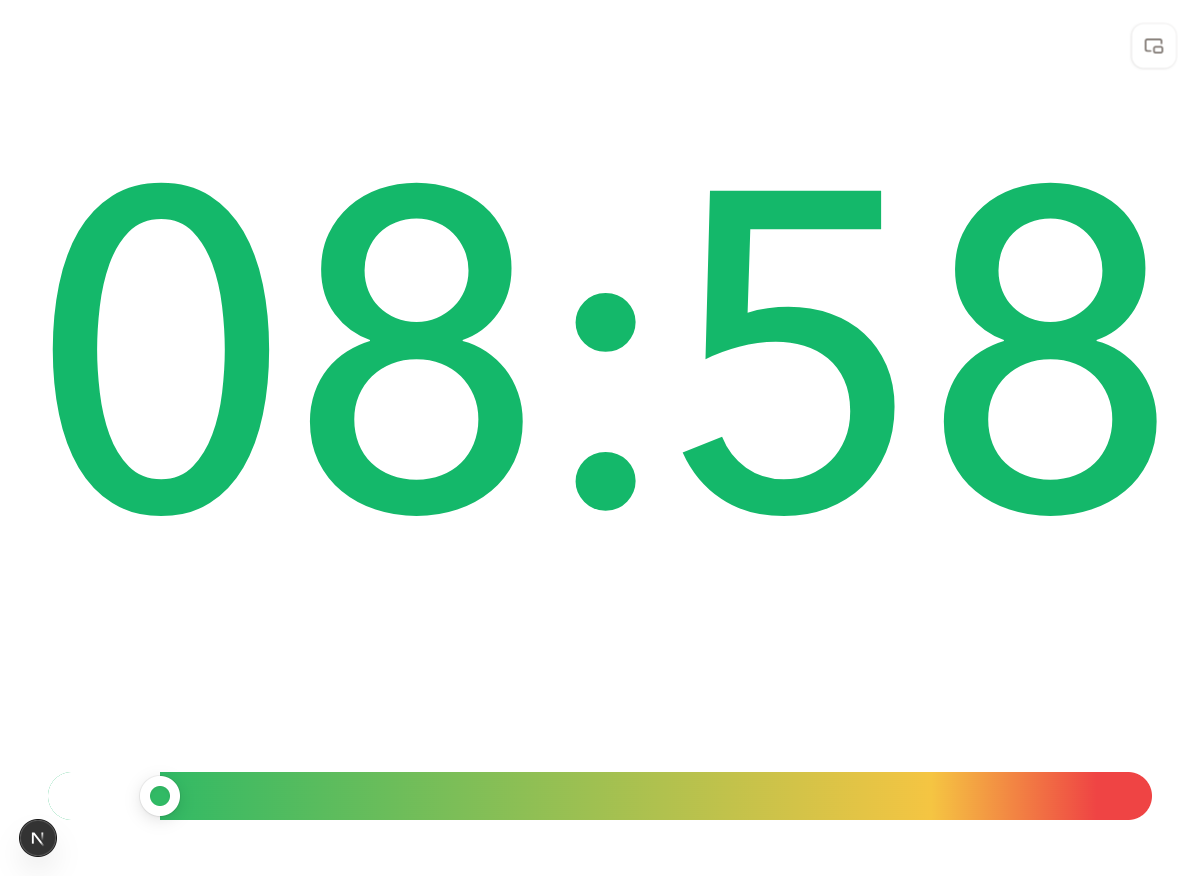 PresentationTimer Display View showing a large green running countdown timer and progress bar on a shared screen