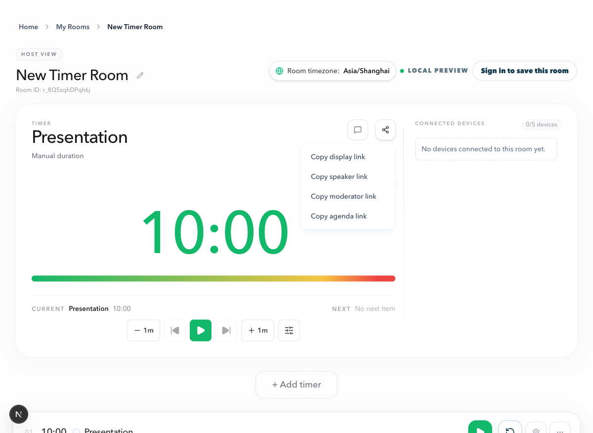 PresentationTimer Host workspace with the share menu open and a Copy display link option above Speaker, Moderator, and Agenda links
