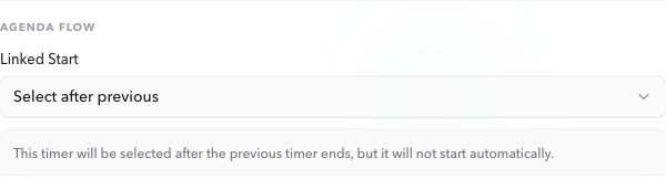 PresentationTimer Host timer settings showing Agenda Flow with Linked Start set to Select after previous