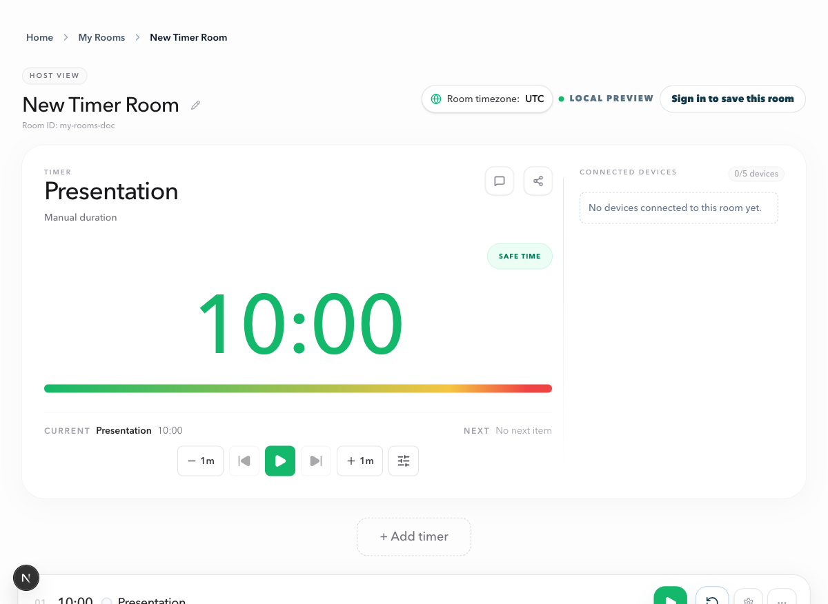 PresentationTimer Host View showing the Sign in to save this room button beside the room time zone and local preview status