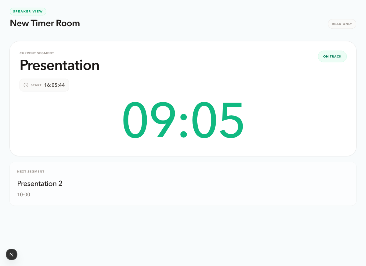 PresentationTimer Speaker View on a desktop screen showing Presentation as the current segment, a green On track status, start time, nine minutes remaining, and Presentation 2 as the next segment