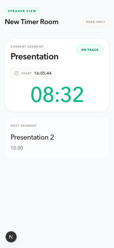 PresentationTimer Speaker View on a phone showing the current Presentation segment, start time, green On track status, remaining time, and next segment